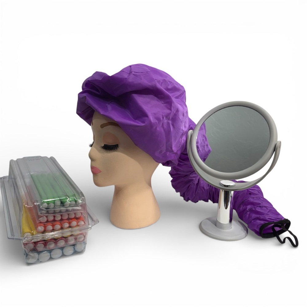 Heatless Flexible Hair Roller Curlers Bonnet Hair Dryer Attachment Vanity Mirror